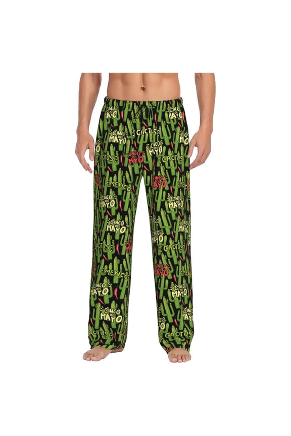 Green Cacti And Red Chili Print Mens Pajama Pants for Men,Mens Lounge Pants,Funny Gifts for Men,Men's Pajama Bottoms-Medium