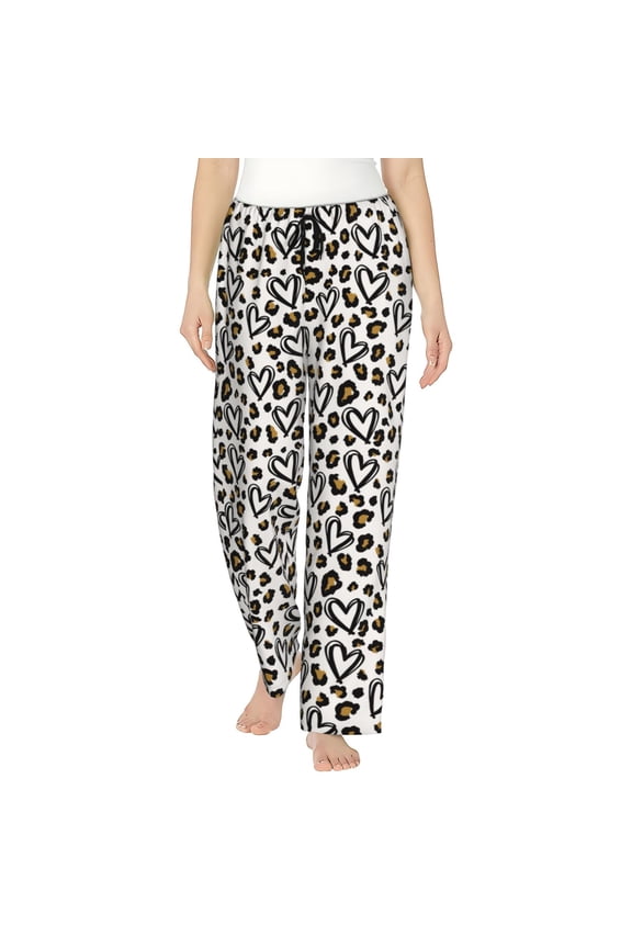 Heart Leopard Womens Pajama Pants Stretch Comfy Lounge Pants Drawstring Sleep Bottoms with Pockets-