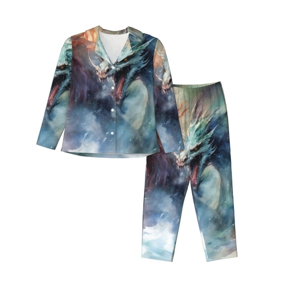 Saiise Ink Style Wave Dragon Print Women Soft Pajama Sets,Long Sleeve Sleepwear Button Up 2-Piece Pjs Lounge Sets-Small