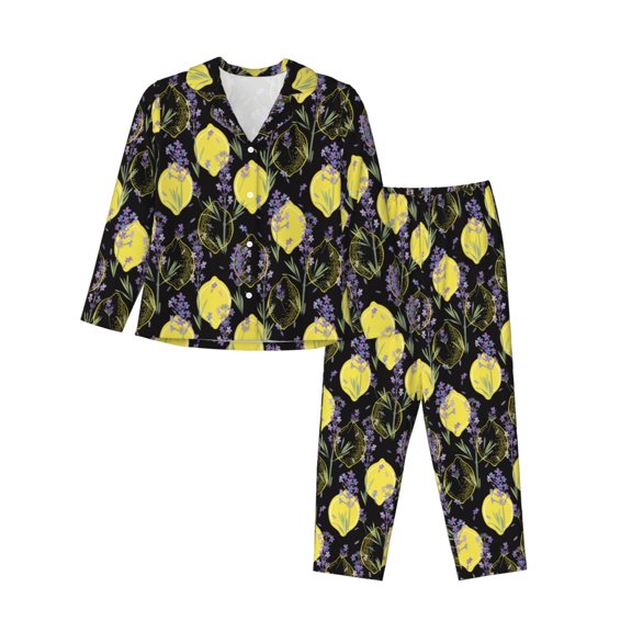 Saiise Lavender Flowers Print Women Soft Pajama Sets,Long Sleeve Sleepwear Button Up 2-Piece Pjs Lounge Sets-Small