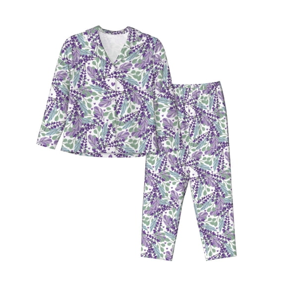 Saiise Lavender Flowers Print Women Soft Pajama Sets,Long Sleeve Sleepwear Button Up 2-Piece Pjs Lounge Sets-XX-Large