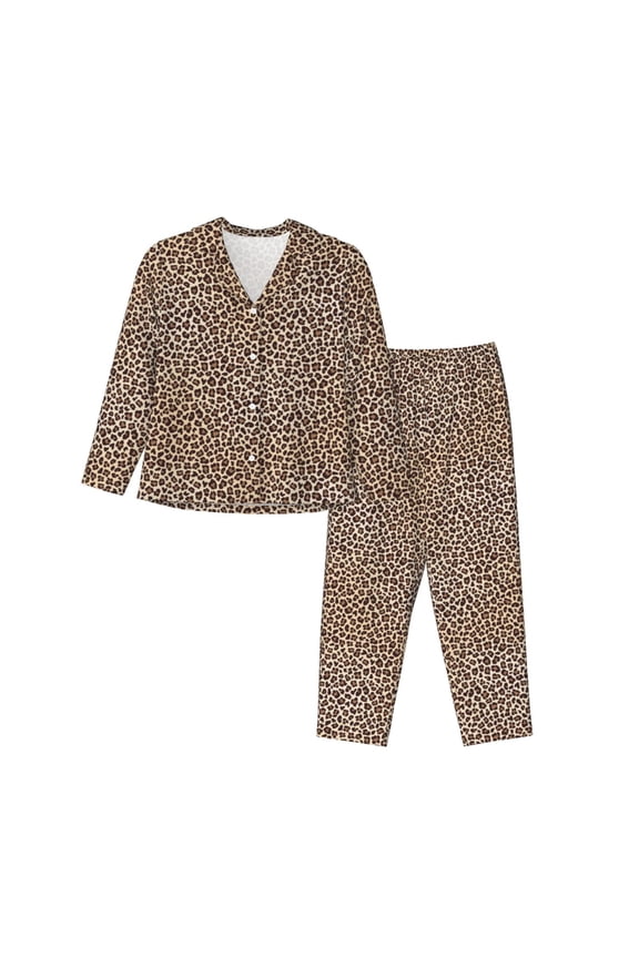 Leopard Print-2 Print Women Soft Pajama Sets,Long Sleeve Sleepwear Button Up 2-Piece Pjs Lounge Sets-Large