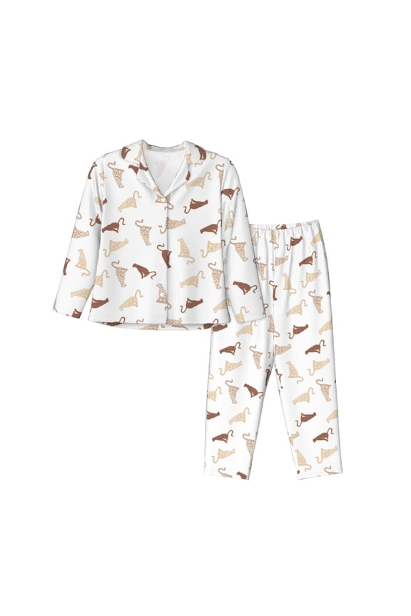 Leopard Print Print Women Soft Pajama Sets,Long Sleeve Sleepwear Button Up 2-Piece Pjs Lounge Sets-
