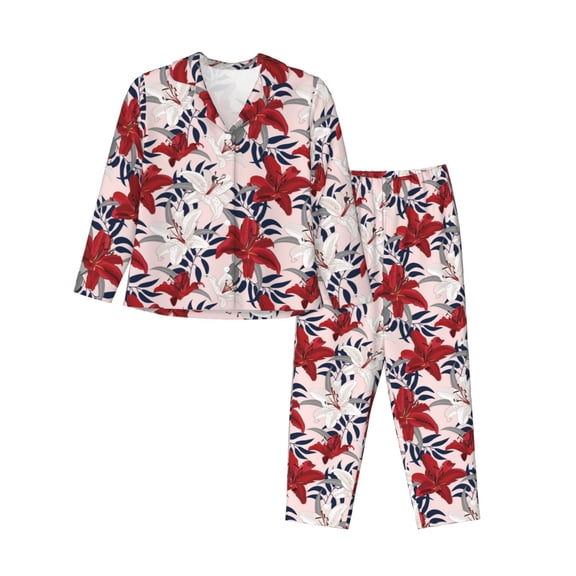 Saiise Lilies Flowers Print Women Soft Pajama Sets,Long Sleeve Sleepwear Button Up 2-Piece Pjs Lounge Sets-Large