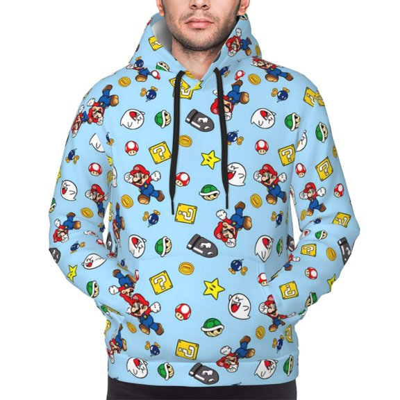 Saiise Mario Ak Men's Graphic Print Long Sleeve Drawstring Hoodie Pullover Sweatshirt-Large