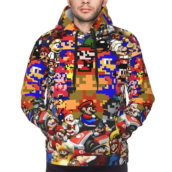Saiise Mario Ao Men's Graphic Print Long Sleeve Drawstring Hoodie Pullover Sweatshirt-XX-Large