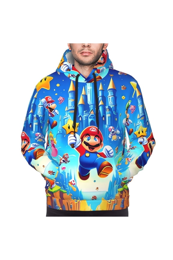 Mario Bb Men's Graphic Print Long Sleeve Drawstring Hoodie Pullover Sweatshirt-Medium