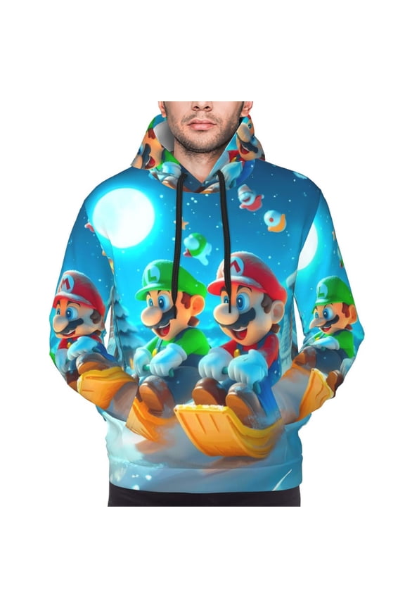 Mario Bl Men's Graphic Print Long Sleeve Drawstring Hoodie Pullover Sweatshirt-Medium