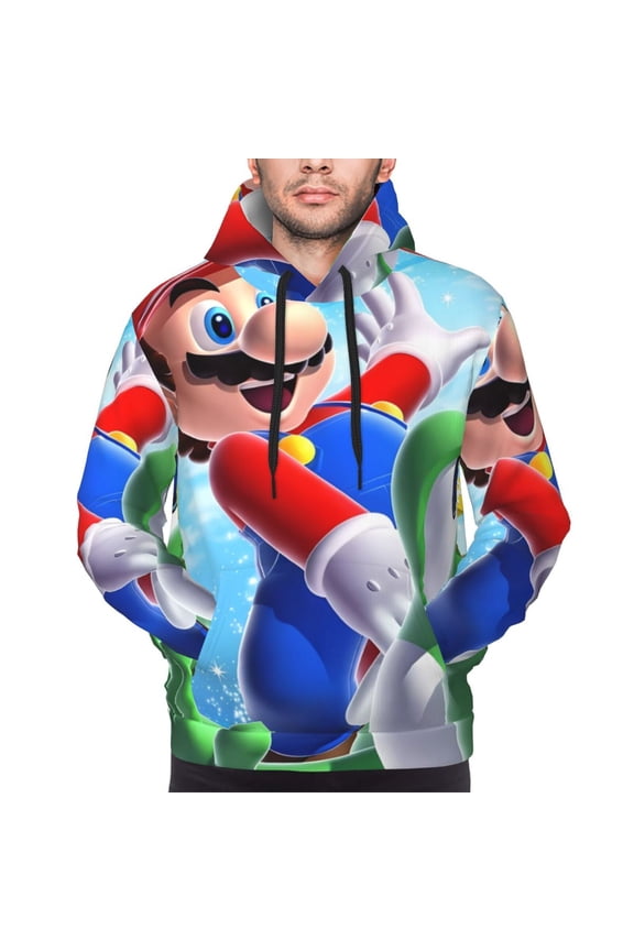 Mario Bo Men's Graphic Print Long Sleeve Drawstring Hoodie Pullover Sweatshirt-Large