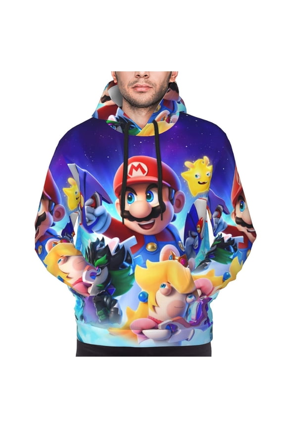 Mario Bu Men's Graphic Print Long Sleeve Drawstring Hoodie Pullover Sweatshirt-X-Large