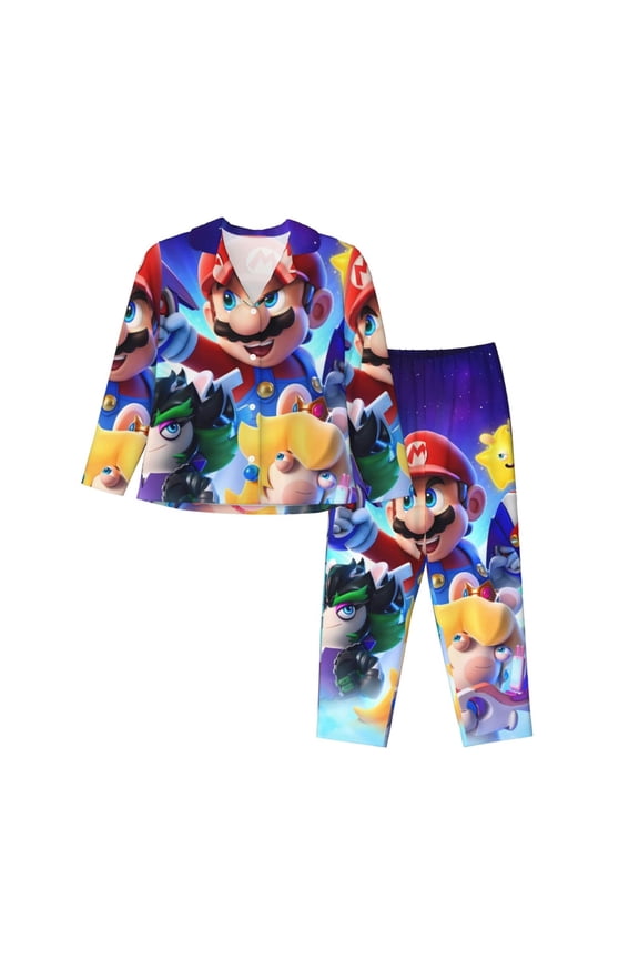 Mario Bu Print Women Soft Pama Sets,Long Sleeve Sleepwear Button Up 2-Piece Pjs Lounge Sets-X-Large