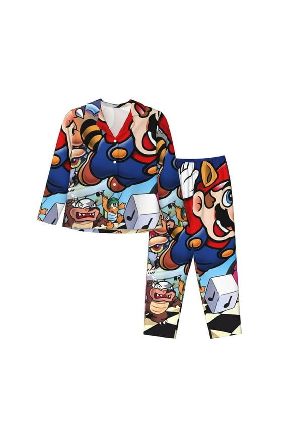 Mario Cb Print Women Soft Pama Sets,Long Sleeve Sleepwear Button Up 2-Piece Pjs Lounge Sets-X-Large