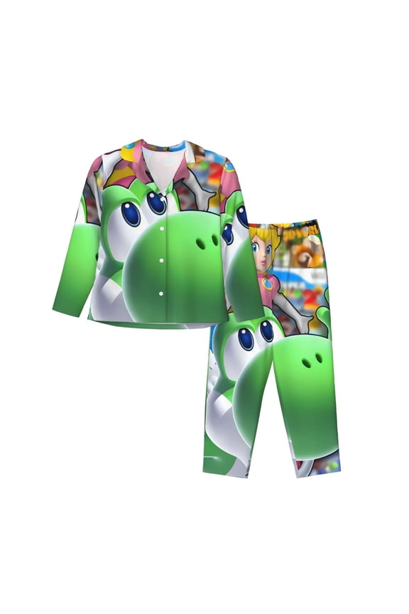 Mario G Print Women Soft Pama Sets,Long Sleeve Sleepwear Button Up 2-Piece Pjs Lounge Sets-Small