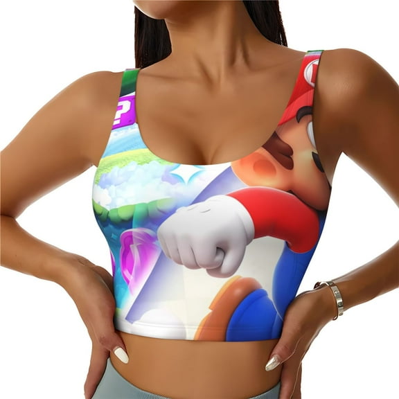 Saiise Mario Print Crop Tops Sports Bra For Women Workout Cropped Tank Top Yoga Shirts Athletic Undershirts -Medium