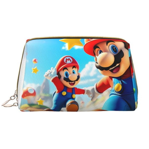 Saiise Mario Print Makeup Bag PU Leather Travel Makeup Bag Organizer Makeup Pouch, Portable Cosmetic Bags for Women,Cute Make Up Bag for Travel Size Toiletries Accessories Brushes