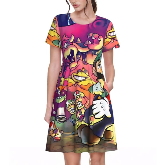 Saiise Mario Print Women's Short Sleeve A-Line Dress with Pockets, Casual Knee-Length Crew Neck Dress for Summer