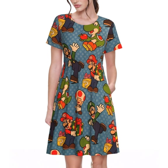 Saiise Mario Print Women's Short Sleeve A-Line Dress with Pockets, Casual Knee-Length Crew Neck Dress for Summer