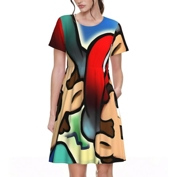 Saiise Mario Print Women's Short Sleeve A-Line Dress with Pockets, Casual Knee-Length Crew Neck Dress for Summer