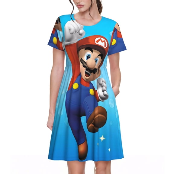 Saiise Mario Print Women's Short Sleeve A-Line Dress with Pockets, Casual Knee-Length Crew Neck Dress for Summer