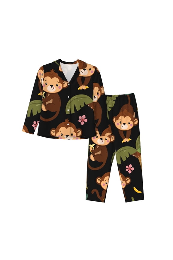 Monkeys Swinging from Palms Print Women Soft Pajama Sets,Long Sleeve Sleepwear Button Up 2-Piece Pjs Lounge Sets-Small