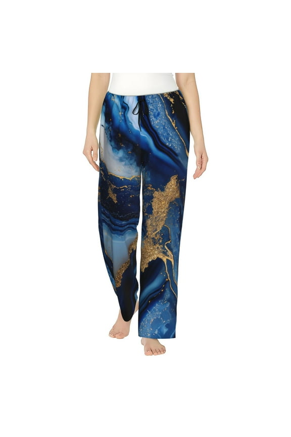 Navy Blue Marble Womens Pajama Pants Stretch Comfy Lounge Pants Drawstring Sleep Bottoms with Pockets-
