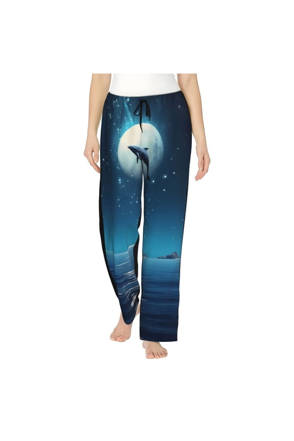 Night Sky Moon Dolphin Womens Pajama Pants Stretch Comfy Lounge Pants Drawstring Sleep Bottoms with Pockets-Small