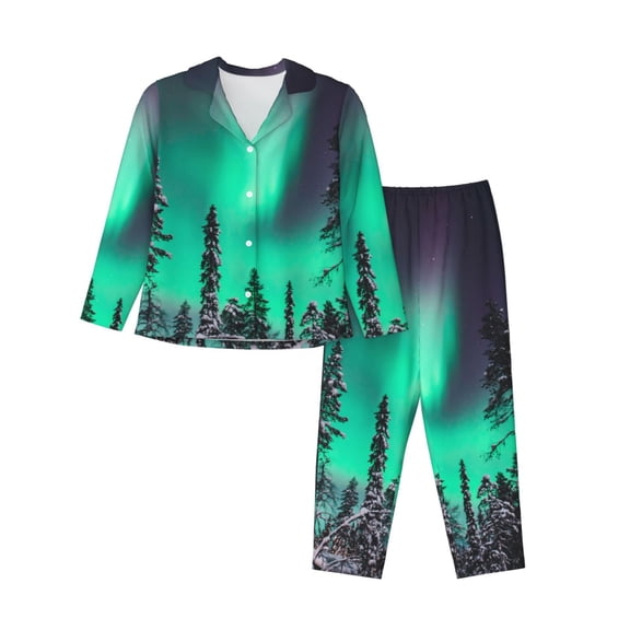 Saiise Northern Lights 2 Print Women Soft Pajama Sets,Long Sleeve Sleepwear Button Up 2-Piece Pjs Lounge Sets-X-Large