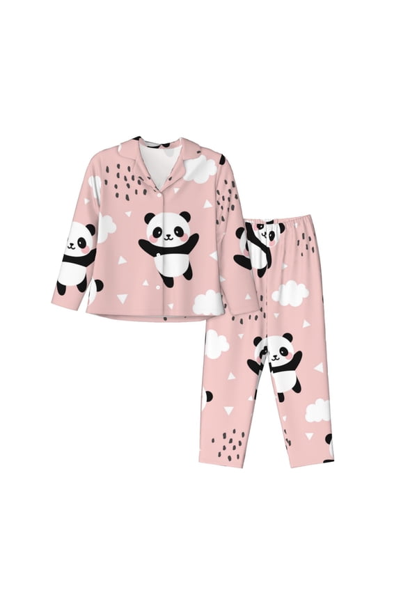 Panda Print Women Soft Pajama Sets,Long Sleeve Sleepwear Button Up 2-Piece Pjs Lounge Sets-Medium
