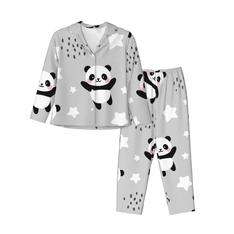 Saiise Pandas Print Women Soft Pajama Sets,Long Sleeve Sleepwear