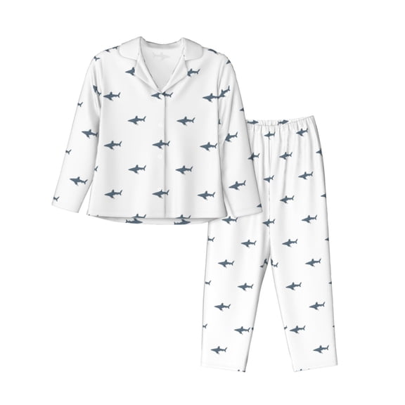 Saiise Party Shark Cute Print Women Soft Pajama Sets,Long Sleeve Sleepwear Button Up 2-Piece Pjs Lounge Sets-XX-Large