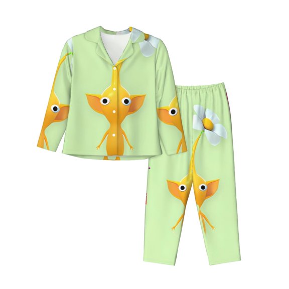 Saiise Pikmin Print Women Soft Pajama Sets,Long Sleeve Sleepwear Button Up 2-Piece Pjs Lounge Sets-Small