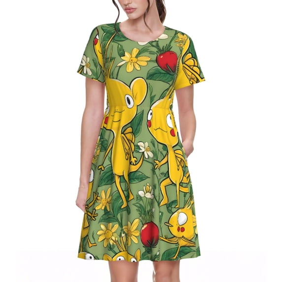 Saiise Pikmin Print Women's Short Sleeve A-Line Dress with Pockets, Casual Knee-Length Crew Neck Dress for Summer