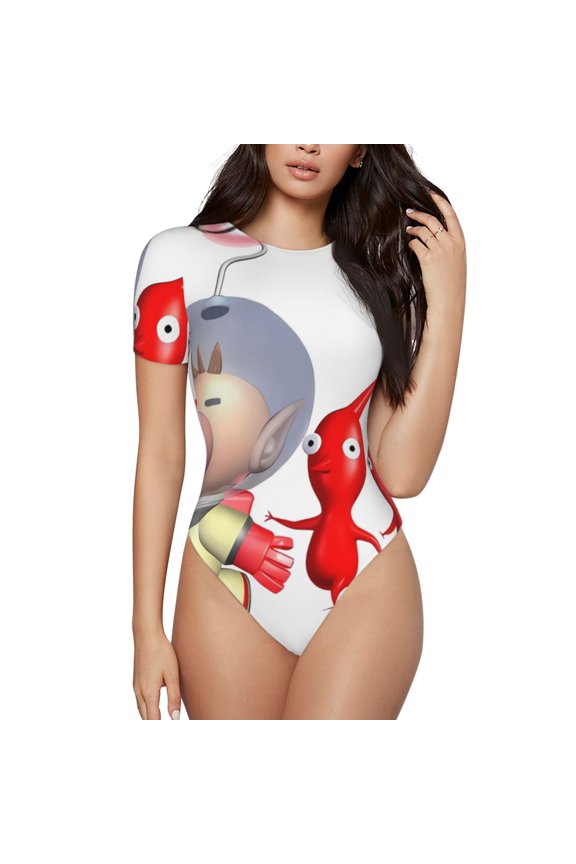 Pikmin Women's Bodysuits Crew Neck Round Neck Short Sleeves Slim Fit Casual Basic Extender Bodysuit Daily Jumpsuit T Shirts