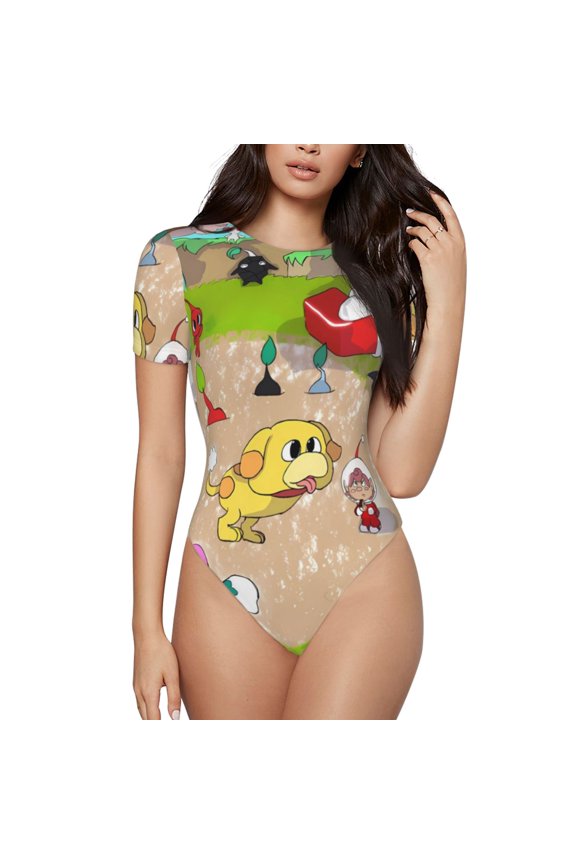 Pikmin Women's Bodysuits Crew Neck Round Neck Short Sleeves Slim Fit Casual Basic Extender Bodysuit Daily Jumpsuit T Shirts