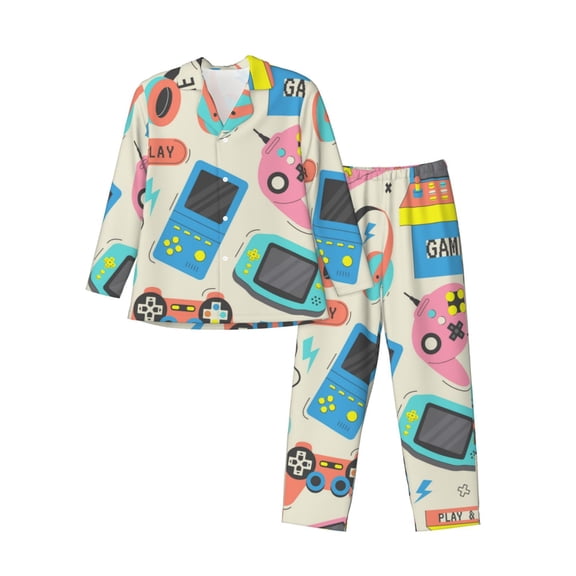 Saiise Playing Video Games Men's Sleepwear Set Lapel Neck Button Down Long Sleeve Top and Pants 2 Piece Pajama Set-Small
