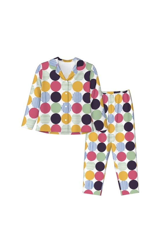 Polka Dot Print Women Soft Pajama Sets,Long Sleeve Sleepwear Button Up 2-Piece Pjs Lounge Sets-Small