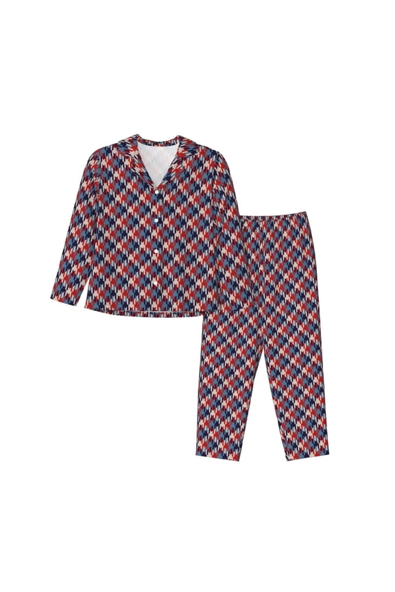 Red Blue Checked Print Women Soft Pajama Sets,Long Sleeve Sleepwear Button Up 2-Piece Pjs Lounge Sets-Small