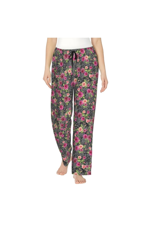 Rose Mix Leopard Womens Pajama Pants Stretch Comfy Lounge Pants Drawstring Sleep Bottoms with Pockets-Medium