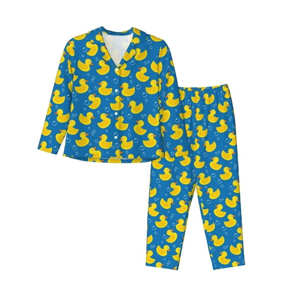 Saiise Rubber Duck Print Women Soft Pajama Sets,Long Sleeve Sleepwear Button Up 2-Piece Pjs Lounge Sets-Medium