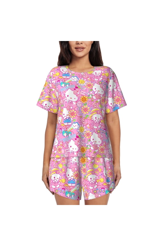 Sanrio Ba Pajamas Sets for Women Soft Short-Sleeved Pjs with Lounge Shorts Two Piece Sleepwear S-4XL