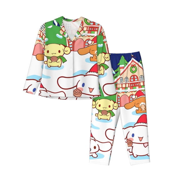 Saiise Sanrio Bc Print Women Soft Pama Sets,Long Sleeve Sleepwear Button Up 2-Piece Pjs Lounge Sets-Small