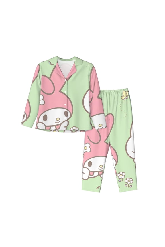 Sanrio Bu Print Women Soft Pama Sets,Long Sleeve Sleepwear Button Up 2-Piece Pjs Lounge Sets-Medium