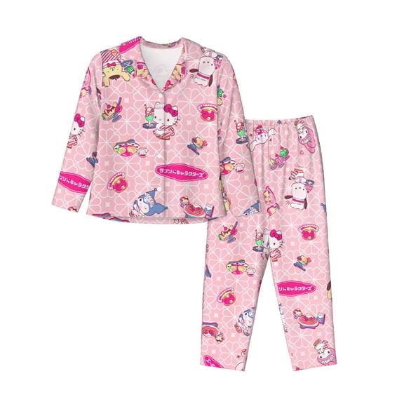 Saiise Sanrio Bx Print Women Soft Pama Sets,Long Sleeve Sleepwear Button Up 2-Piece Pjs Lounge Sets-Medium
