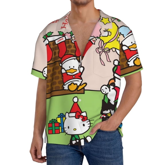 Saiise Sanrio C Mens Front Pocket Hawaiian Shirts Casual Floral Shirts Short Sleeve Button Down Beach Tropical Shirts