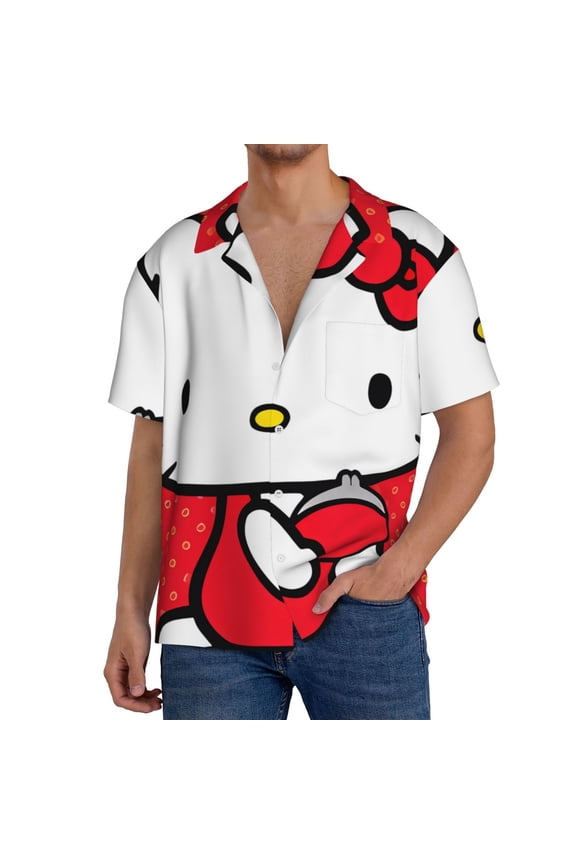 Sanrio Cr Mens Front Pocket Hawaiian Shirts Casual Floral Shirts Short Sleeve Button Down Beach Tropical Shirts