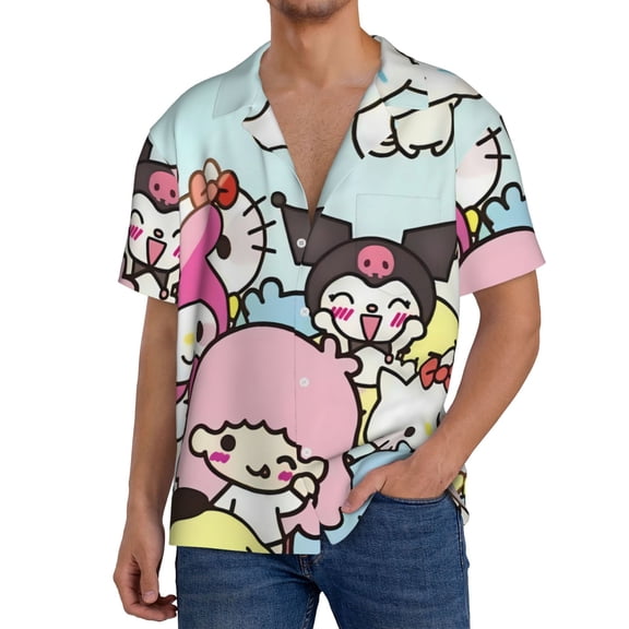 Saiise Sanrio Cw Mens Front Pocket Hawaiian Shirts Casual Floral Shirts Short Sleeve Button Down Beach Tropical Shirts