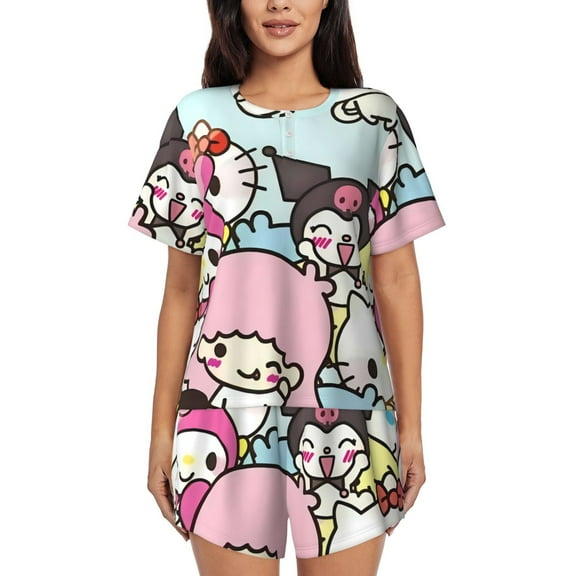Saiise Sanrio Cw Pajamas Sets for Women Soft Short-Sleeved Pjs with Lounge Shorts Two Piece Sleepwear S-4XL