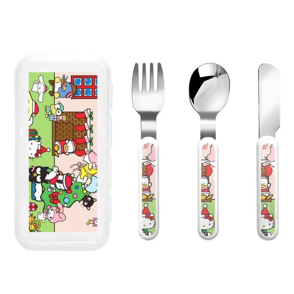 Saiise Sanrio Print 3 Piece Cutlery Set Metal, Reusable Children's Knife, Fork & Spoon, Kids-Size, Made from Food-Safe Stainless Steel & ABS Plastic