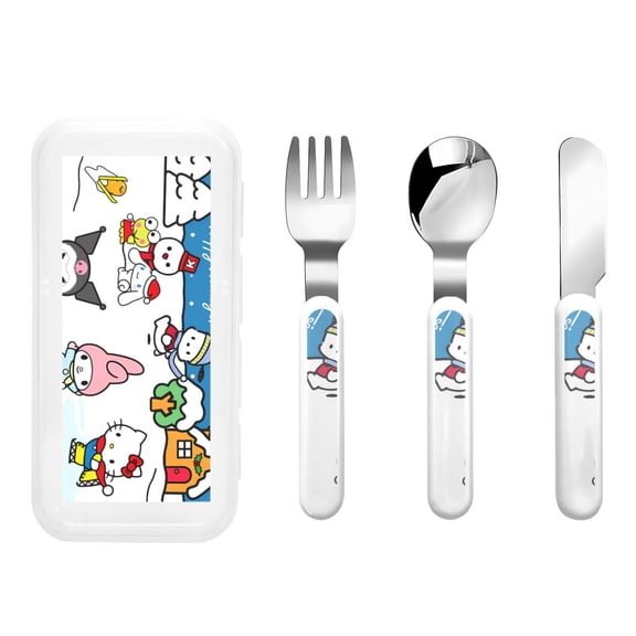 Saiise Sanrio Print 3 Piece Cutlery Set Metal, Reusable Children's Knife, Fork & Spoon, Kids-Size, Made from Food-Safe Stainless Steel & ABS Plastic