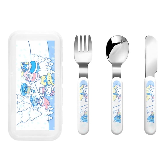 Saiise Sanrio Print 3 Piece Cutlery Set Metal, Reusable Children's Knife, Fork & Spoon, Kids-Size, Made from Food-Safe Stainless Steel & ABS Plastic